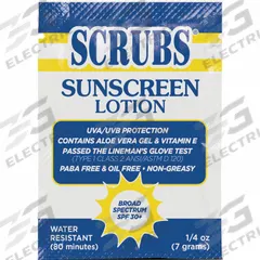 SCRUBS Sunscreen: 30 SPF, Lotion, 0.25 oz, 100 PK (MPN 92101). Key specifications — Unitized: Unitized; Manufacturer Part Number: 92101; Format: Lotion; Purpose: Sunscreen; Brand: SCRUBS; Formula Features: Oil Free; Unit Package Type: Packet; Active Ingredient: Aloe Vera.