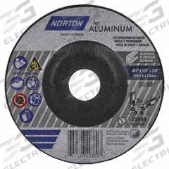 NORTON Depressed Center Wheel: Type 27, 4 1/2" x 1/8" x 7/8", Aluminum Oxide, 20 Grit (MPN 66252849380). Key specifications — Series: Norton for Aluminum; Brand: NORTON.