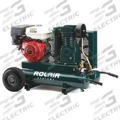 ROLAIR Portable Gas Air Compressor: 2 Stage, 9 hp Engine, Honda, 20 cfm @ 90 psi, 9 gal Air Tank (MPN 8422HBK119-0001). Key specifications — attr50858: Honda; attr50844: ROLAIR.
