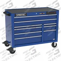 PROTO Rolling Tool Cabinet: Blue / Blue Drawer, 50 in W x 25 1/4 in D x 41 in H, 9 Drawers (MPN J555041B-9BLPDP). Key specifications — Brand: PROTO.