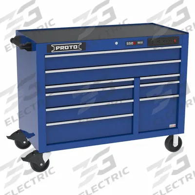 PROTO Rolling Tool Cabinet: Blue / Blue Drawer, 50 in W x 25 1/4 in D x 41 in H - Electric-Enabled Heavy-Duty Rolling Tool Cabinets