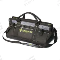 GREENLEE Tool Bag: 21 in W x 21 in D x 11 in H, Black, Polyester, 28 Pockets, 25 Inside Pockets (MPN 0158-21). Key specifications — Color: Black; Brand: GREENLEE; Material: Polyester.