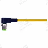 Cordset: M12 Male Right Angle X Bare Wire, 4 Pins, Yellow, PVC, 5 m Cable Lg, 4 A Max Current (A) (MPN 7000-12101-0140500). Key specifications — Cable Jacket Color: Yellow; End 1 Gender: Male; End 1 Mounting Orientation: Right Angle; End 2 Connection Type: Bare Wire; IP Rating: IP67; Brand: MURRELEKTRONIK; Wire Size: 22 AWG; Cable Jacket Material: PVC.