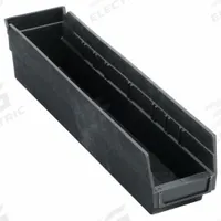 QUANTUM STORAGE SYSTEMS Shelf Bin: 17 7/8 in Overall Lg, 4 1/8 in x 4 in, Black, Nesting Capable (MPN QSB103CO). Key specifications — attr1179622: QUANTUM STORAGE SYSTEMS; attr1179611: 0%; attr1179616: QSB103CO; attr1179624: Dividers Not Included; attr1249172: Electrostatic Discharge Conductive.