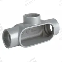 Conduit Outlet Body: Aluminum, 1/2 in Trade Size, T Body, 6.2 cu in Body Capacity, Threaded Hub (MPN T17SA). Key specifications — Finish: Powder Coated; Includes: Set Screw Hubs; For Use With: RMC; Brand: HUBBELL KILLARK; Hub Style: Threaded; Mfr. Series: Duraloy 7.