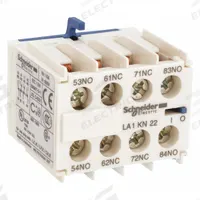 SCHNEIDER Auxiliary Contact Block: 2NO/2NC, 10 A Max Current (AC), Front Mount, Front-Mounted (MPN LA1KN22). Key specifications — Frame Size: X; Brand: SCHNEIDER; Compatible with Series: TeSys.