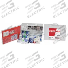 FIRST AID ONLY First Aid Kit and Housing: Industrial, 100 People Served, 369 Components, Metal (MPN 54533). Key specifications — Adhesive Bandages Included: (200) Bandages; Application: Industrial; Brand: FIRST AID ONLY; Housing Color: White; Housing Material: Metal; Includes Oral or Inhalant Medication: Medication Included; Mountable: Wall Mount; Oral and Inhalant Medicinals Included: (10) Ammonia Inhalants.