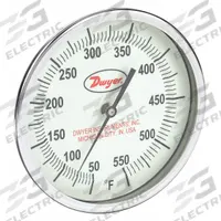 DWYER Glow-in-the-Dark Dial Thermometer: 50°F to 550°F, +/- 1% Accuracy, 5 in Dial Dia, Male (MPN GBTB54071). Key specifications — Accuracy: +/- 1%; Brand: DWYER.