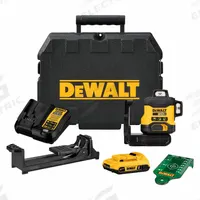DEWALT Laser: 3 Lines, Green Beam, 0 Planes, ±1/8 in @ 30 ft Accuracy, Horizontal/Vertical, Included (MPN DCLE34031D1). Key specifications — attr935979: 20V Max; attr934757: DEWALT; attr936112: ±1/8 in @ 30 ft; attr936114: Electronic Self-Leveling; attr935981: 20V 2 AMP Battery.