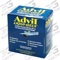 ADVIL Advil Pain Relief: Ibuprofen, 200 mg, 50 Individual Doses, Gel (MPN 50933). Key specifications — Purpose: Pain Relief; Strength: Regular Strength; Manufacturer Part Number: 50933; Brand: ADVIL; Flavor: Unflavored; Dose Package Type: Packets; Exterior Package Type: Box; Format: Gel.