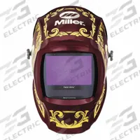 MILLER ELECTRIC Welding Helmet: Auto-Darkening, 4 Arc Sensors, Black/Red/Yellow, Empire, W8-W13 (MPN 296784). Key specifications — Color: Black; Suspension Adjustment Type: Ratchet; Series: Digital Infinity; Graphics: Empire; Viewing Area: 13.4 sq in; Brand: MILLER ELECTRIC; Grind Mode: Yes; Helmet Material: Nylon.
