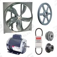 Exhaust Fan with Drive Package: Belt Drive, 24 in Blade, 1/2 hp, 6,950 cfm, 115/208-230V AC, 1 ph (MPN 7M7V8). Key specifications — Frame Finish: Zinc Plated; Assembled: Unassembled; Brand: DAYTON; Nameplate Voltage: 115/208-230V AC; Frame Material: Steel; Guard Type: None; Motor Insulation: Class B; Motor Enclosure: Open Dripproof.