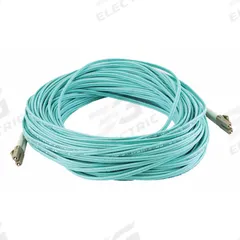 MONOPRICE Fiber Optic Patch Cord: Multi-Mode, 30 m Lg, LC End 1, LC End 2, Aqua, PVC, 2 Fiber Count (MPN 7625). Key specifications — Fire Rating: Riser; Jacket Material: PVC; Number of Fibers: Duplex; Brand: MONOPRICE; _Fiber Optic Cable Style: 50/125µ OM4.