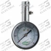 SLIME Dial Tire Gauge: Tire Pressure Gauge, Analog, 1 psi Pressure Increments, 3 1/2 in Overall Lg (MPN 20049). Key specifications — Product Type: Tire Pressure Gauge; Gauge Type: Analog; Material: Brass; Brand: SLIME.