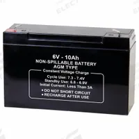APPROVED VENDOR Sealed Lead Acid Battery: 6V DC, 10 Ah Capacity, 3.7 in Ht, 5.94 in Wd, 1.94 in Dp (MPN 2UKH2). Key specifications — Terminal Connection: 0.187 in Faston; Battery Cycle Type: Deep Cycle; Brand: APPROVED VENDOR; Housing Material: ABS.