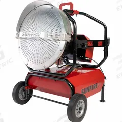 SUNFIRE Portable Radiant Heater: Diesel/Kerosene, 160,000 BtuH Heating Capacity Output, 18 gal/16 hr (MPN SF160). Key specifications — Color: Red; Brand: SUNFIRE; Overall Dimensions - H x W x D: 43 in x 32 in x 34 in.