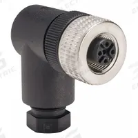 TELEMECANIQUE Internal Thread Connector: 4 Socket, M12 Female Thread, IP67, Screw Terminals, Plastic (MPN XZCC12FCM40B). Key specifications — Connector Body Type: Socket; Brand: TELEMECANIQUE SENSORS; Voltage Rating: 125V AC; Thread Size: M12; Mounting Style: Female Thread; IP Rating: IP67; Housing Material: Plastic; Connector Orientation: 90° Angle.