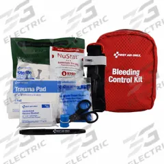 FIRST AID ONLY Bleeding Control Kit: Plastic Bag, 1 People Served, 14 Components (MPN 91136). Key specifications — Brand: FIRST AID ONLY; Wound Dressings Included: Elastic Pressure Strap; Housing Material: Nylon.