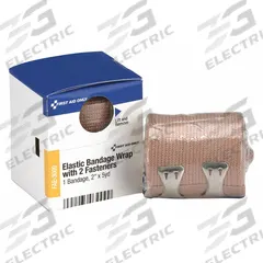 FIRST AID ONLY Elastic Bandage Wrap: 5 yd Dressing Lg, 2 in Dressing Wd, Elastic Fabric, Non-Sterile (MPN FAE-3009). Key specifications — Water Resistance: Not Water Resistant; Self-Adhesion: Self-Adhering; Unitized: Unitized; Standards: ANSI/ISEA Z308.1-2015; Manufacturer Part Number: FAE-3009; Package Type: Box; Product Type: Elastic Bandage Wrap; Sterility: Non-Sterile.