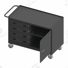 DURHAM MFG Mobile Cabinet Workbench: 48 in x 24 in, Steel, 1,200 lb Overall Load Capacity, Gray (MPN 3401NVS-5PU-95). Key specifications — Included Components: Handle on Side; Assembly: Fully Assembled; Brand: DURHAM MFG.