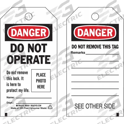 BRADY Danger Tag: Danger, Danger Do Not Operate, Polyester, Date/Name/Remarks - Safety