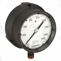 ASHCROFT Process Pressure Gauge: 0 psi to 1,500 psi, White, 4 1/2 in Dial, 1/2 in NPT Male, Bottom (MPN 451379SSL04L1500#). Key specifications — Brand: ASHCROFT; Pointer Color: Black; Accuracy: ±0.5%; Dial Color: White; Gauge Wetted Parts: Stainless Steel; Case Material: Epoxy-Coated Aluminum; Vibration Resistance Properties: Liquid-Filled; Pressure Range: 0 psi to 1,500 psi.