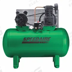 SPEEDAIRE Electric Air Compressor: 3 hp, 1 Stage, Horizontal, 30 gal, 9.1 cfm, 135 psi, Base Model (MPN 4B237). Key specifications — attr48430: SPEEDAIRE; attr48445: 60 Hz; attr48448: Manual Drain Valve; attr48450: 200-240V AC; attr48474: Three; attr48487: Horizontal.