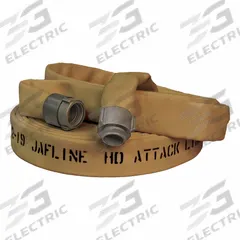 JAFLINE HD Fire Hose: Double Jacket, 1 1/2 in Hose Inside Dia, 50 ft Hose Lg, Polyester, Tan (MPN HD150T050-NP150). Key specifications — attr660609: NPSH; attr660602: Rocker; attr660607: Aluminum.