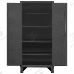 DURHAM MFG Pegboard Cabinet: 48 in x 24 in x 78 in, Swing Handle & Padlock Hasp, 12 ga Panel Thick (MPN HDCP244878-PB32-4S95). Key specifications — Cabinet Color: Gray; Method of Construction: Welded; Base Type: Legs; Assembled: Assembled; Mobility: Stationary; Adjustable Shelves: Adjustable; Cabinet Finish: Powder Coated; Cabinet Material: Steel.