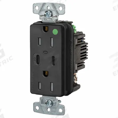 HUBBELL Receptacle: Duplex, 5-15R, 2 USB Ports, USB Type A/C, Black, 125V AC - Hospital-Grade Receptacles with USB Chargers