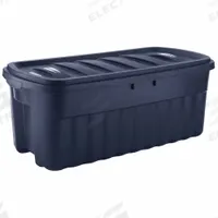 RUBBERMAID Storage Tote: 50 gal, 43 in x 21 1/4 in x 17 7/8 in, Dark Blue/Metallic Body, Blue, Blue (MPN RMRT500000). Key specifications — Material: Plastic; Edge/Corner Design: Rounded; Body Color: Dark Blue/Metallic; Lid Color: Dark Blue/Metallic; Brand: RUBBERMAID; NSF Certified: Not NSF Certified; Nestable: Nesting Capable.