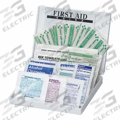 FIRST AID ONLY First Aid Kit and Housing: Gen Purpose, 5 People Served, 33 Components, Plastic (MPN FAO-112). Key specifications — Adhesive Bandages Included: (16) Bandages; Application: General Purpose; Brand: FIRST AID ONLY; Housing Color: Blue; Housing Material: Plastic; Includes Oral or Inhalant Medication: Medication Included; Mountable: Portable; Oral and Inhalant Medicinals Included: (2) Non-Aspirin Pain Relievers.