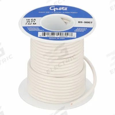 GROTE Primary Automotive Wire: GPT, 25 ft, 1 Conductor, 18 AWG, White - PVC-Insulated General Purpose Primary Wires