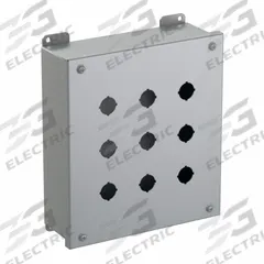 HAMMOND Push Button Enclosure: 22mm, 9 Holes, Carbon Steel, NEMA 12/13 (MPN 1435MK). Key specifications — Brand: HAMMOND; Environments & Applications: Indoor Dust & Water Droplets.