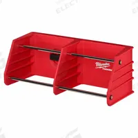 MILWAUKEE PACKOUT Tool Rack: 9 3/8 in W x 3 1/2 in H x 3 1/2 in L, Polymer, Black/Red (MPN 48-22-8340). Key specifications — attr1120120: Quick Access Bars; attr1120130: MILWAUKEE; attr1120217: Polymer; attr1120218: Red; attr1126375: Rolling Tool Boxes.