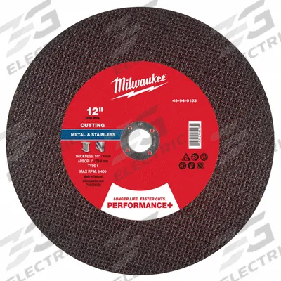 MILWAUKEE Cut-Off Wheel: Type 1, 12" x 1/8" x 1", Aluminum Oxide - General Purpose Cut-Off Wheels for Carbon & Stainless Steel