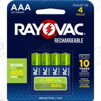 RAYOVAC Rechargeable Battery: AAA Battery Size, Nickel-Metal Hydride, 1.2V DC, 4 PK (MPN LD7244). Key specifications — Battery Chemistry: Nickel-Metal Hydride; Voltage - Batteries: 1.2V DC; Brand: RAYOVAC.
