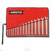 PROTO Combination Wrench Set: Alloy Steel, Chrome, 15 Tools, 1/4 in to 1 in Range of Head Sizes (MPN J1200SPL). Key specifications — attr309520: Chrome; attr309519: Alloy Steel; attr324929: PROTO; attr309512: Canvas Pouch; attr309522: No; attr309533: Yes.