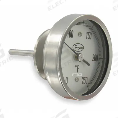 Dwyer Sanitary Dial Thermometer: 0°F to 250°F, +/- 1% Accuracy, 3 in Dial Dia - Back-Mount Fixed-Angle Sanitary Clamp Dial Thermometers