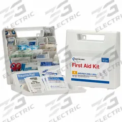 FIRST AID ONLY First Aid Kit and Housing: 184 Components, ANSI/ISEA Z308.1-2021, Type I/II, Class A (MPN 91329). Key specifications — ANSI Standard Met: ANSI/ISEA Z308.1-2021; Adhesive Bandages Included: (10) Knuckle Bandages; Oral and Inhalant Medicinals Included: No Oral/Inhalant Medicinals; Topical Medicinals Included: (12) Triple Antibiotic Ointment Packets; Wound Dressings Included: First Aid Tape; Unitized: Bulk.