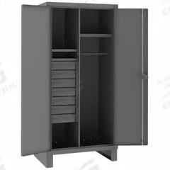 DURHAM MFG Storage Cabinet: 36 in x 24 in x 78 in, 3 Shelves, 7 Drawers, Swing Handle & Padlock Hasp (MPN HDWC243678-7M95). Key specifications — attr113683: (1) 18 in x 19-5/16 in; (2) 20-7/8 in x 15-9/16 in; attr113700: (2) Adjustable; (1) Fixed; attr113673: Legs; attr113674: Gray; attr113688: (7) 4 in x 11-3/16 in x 20-1/4 in; attr113685: Assembled.