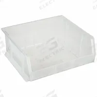 AKRO-MILS Hang and Stack Bin: 16 1/2 in x 14 3/4 in x 7 in, Clear, Label Holder Included, 30250SCLAR. Key specifications — Electrostatic Discharge: Not Electrostatic Discharge Conductive; Brand: AKRO-MILS; % Recycled Content: 0%.