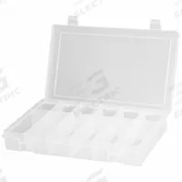 DURHAM MFG Compartment Box: 6 3/4 in x 10 7/8 in x 1 3/4 in, Clear, 12 Compartments, Snap (MPN SPOS12-CLR). Key specifications — ESD Conductive: Not Electrostatic Discharge Conductive; Color: Clear; Compartment WxD: (6) 1-11/16 in x 2 in; Brand: DURHAM MFG; Material: Plastic.
