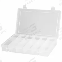 DURHAM MFG Compartment Box: 6 3/4 in x 10 7/8 in x 1 3/4 in, Clear, 12 Compartments, Snap (MPN SPOS12-CLR). Key specifications — ESD Conductive: Not Electrostatic Discharge Conductive; Color: Clear; Compartment WxD: (6) 1-11/16 in x 2 in; Brand: DURHAM MFG; Material: Plastic.