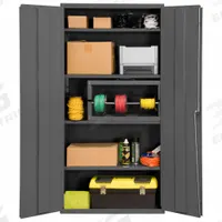 DURHAM MFG Storage Cabinet: 36 in x 18 in x 72 in, Swing Handle & Keyed, 14 ga Panel Thick, Frame (MPN 3602-95). Key specifications — attr62698: Gray; attr62736: Welded; attr87895: Frame; attr62693: Assembled; attr62737: Stationary; attr62694: Adjustable; attr62695: Powder Coated; attr62696: Steel.