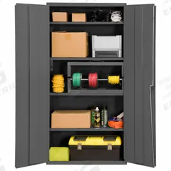 DURHAM MFG Storage Cabinet: 36 in x 18 in x 72 in, Swing Handle & Keyed, 14 ga Panel Thick, Frame (MPN 3602-95). Key specifications — attr62698: Gray; attr62736: Welded; attr87895: Frame; attr62693: Assembled; attr62737: Stationary; attr62694: Adjustable; attr62695: Powder Coated; attr62696: Steel.