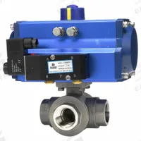 DYNAQUIP CONTROLS Pneumatically Actuated Three-Way Ball Valve: 1 in, Stainless Steel, L Flow (MPN PYSA5AJSR09210A). Key specifications — Brand: DYNAQUIP CONTROLS; Included Pilot Solenoid: 115V AC Pilot Solenoid; Pilot Solenoid Voltage: 115V AC.