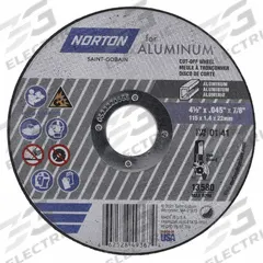 NORTON Cut-Off Wheel: Type 1, 4 1/2" x 0.045" x 7/8", Aluminum Oxide, 36 Grit, Norton for Aluminum (MPN 66252849367). Key specifications — Series: Norton for Aluminum; Brand: NORTON.