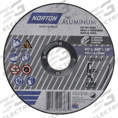 NORTON Cut-Off Wheel: Type 1, 4 1/2" x 0.045" x 7/8", Aluminum Oxide, 36 Grit - General Purpose Cut-Off Wheels for Soft Metals
