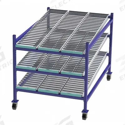 UNEX FLOW CELL Gravity Flow Rack: 48 in x 72 in x 54 in, Tilt, 3 Shelves - Roller Track Bolted Mobile Flow Racks
